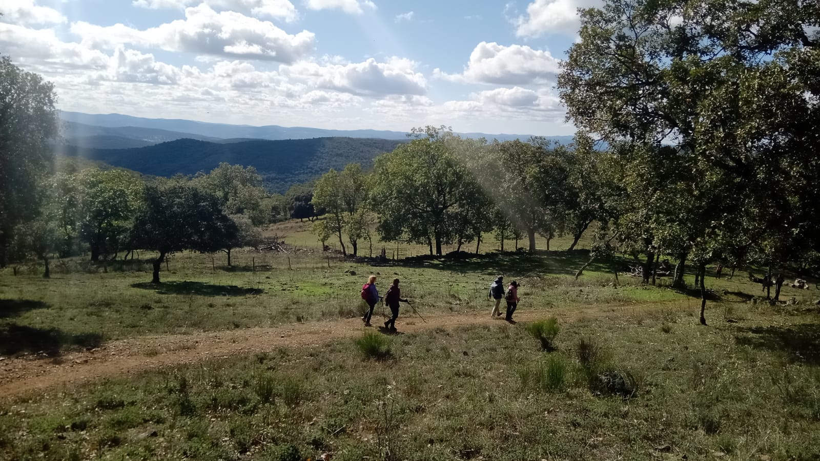 Vista aérea despejada sobre la meseta verde del Parque Natural de la Sierra de Aracena, con dos senderistas a lo lejos cruzando una extensión de praderas y alcornoques bajo un cielo estival.