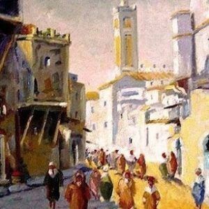Ilustración pictórica evocadora que representa las animadas callejuelas de la Sevilla medieval en la época de Al-Ándalus, con sus habitantes en traje tradicional y sus edificios encalados.