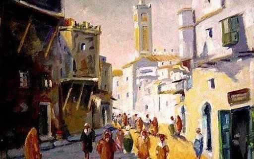 Ilustración pictórica evocadora que representa las animadas callejuelas de la Sevilla medieval en la época de Al-Ándalus, con sus habitantes en traje tradicional y sus edificios encalados.