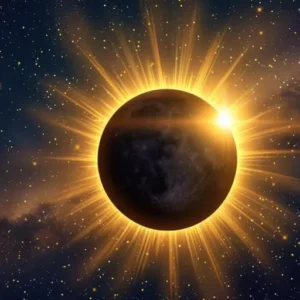 Representación artística de un eclipse solar total con un destello brillante tipo anillo de diamante sobre un fondo estrellado.