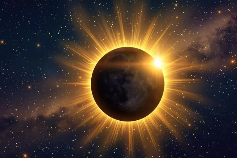 Representación artística de un eclipse solar total con un destello brillante tipo anillo de diamante sobre un fondo estrellado.