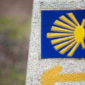 Primer plano de un mojón de granito que luce la famosa vieira dorada sobre fondo azul, símbolo universal del Camino de Santiago. Debajo, una flecha amarilla indica la dirección a seguir, guiando a los peregrinos en su camino hacia Santiago de Compostela. Estos mojones jalonan todos los caminos de Santiago a través de España y Portugal, y constituyen referencias esenciales para caminantes y ciclistas. Su reconfortante presencia en el paisaje encarna a la vez el patrimonio espiritual milenario de la peregrinación y la continuidad de la tradición jacobea en Europa.