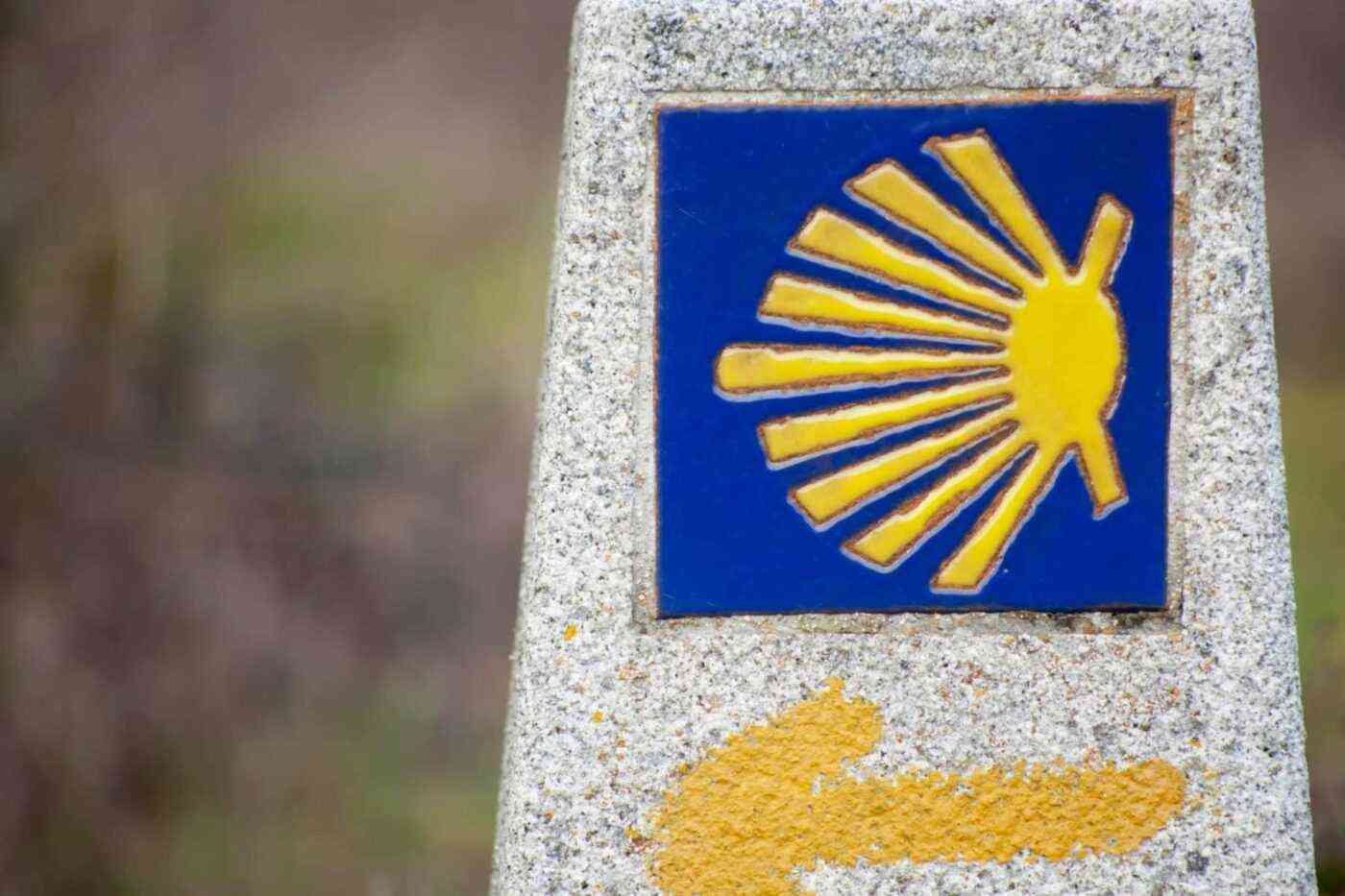Primer plano de un mojón de granito que luce la famosa vieira dorada sobre fondo azul, símbolo universal del Camino de Santiago. Debajo, una flecha amarilla indica la dirección a seguir, guiando a los peregrinos en su camino hacia Santiago de Compostela. Estos mojones jalonan todos los caminos de Santiago a través de España y Portugal, y constituyen referencias esenciales para caminantes y ciclistas. Su reconfortante presencia en el paisaje encarna a la vez el patrimonio espiritual milenario de la peregrinación y la continuidad de la tradición jacobea en Europa.
