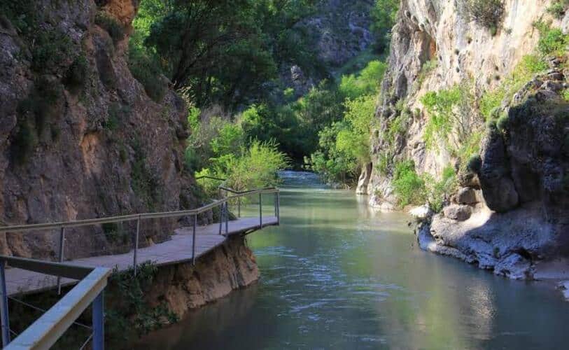 Pasarela de madera junto a un río en un desfiladero natural de Andalucía.